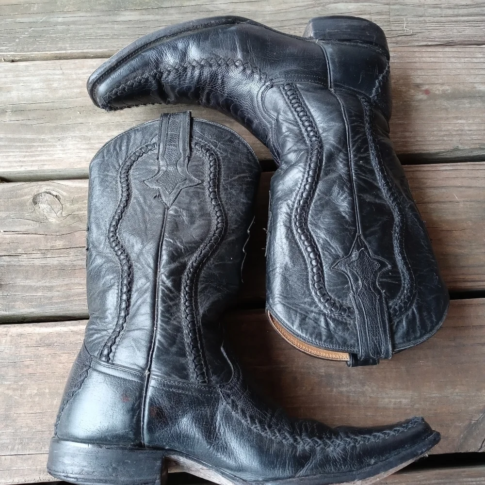 San Angelo Boots men's Western black leather stitch-seamed long toe sz 7.5D. 166